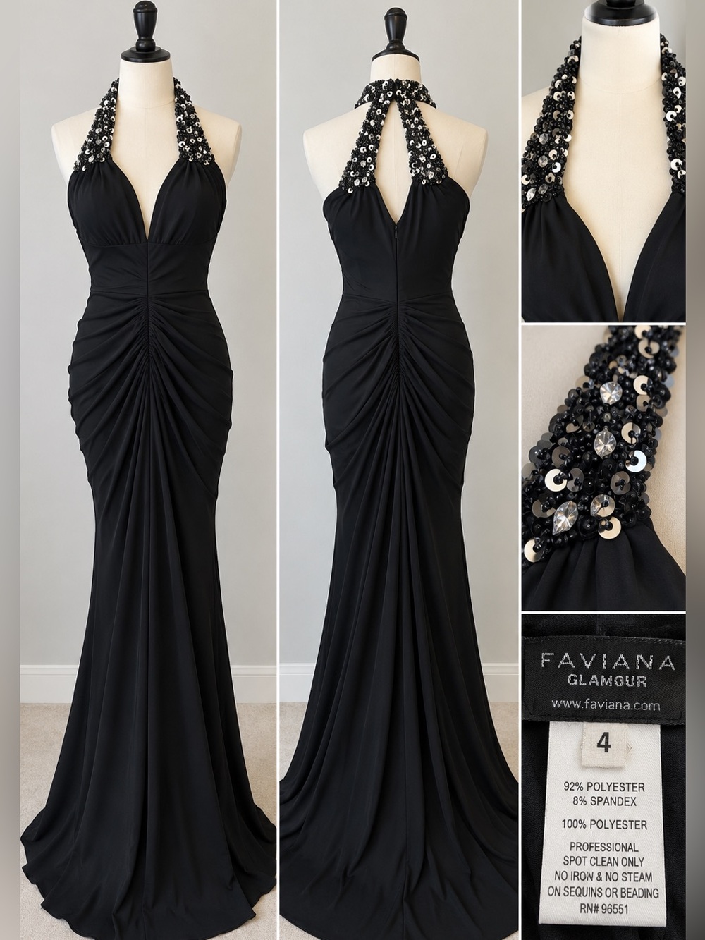 Faviana Glamour Black Beaded Halter Ruched Formal Gown Dress Size 4